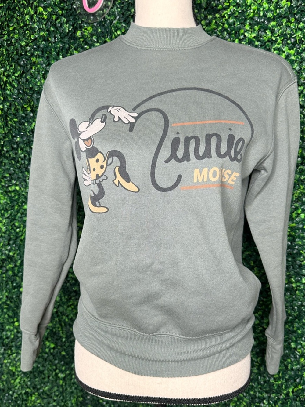Disney Minnie Mouse Sweatshirt Olive XS Casual Graphic Crewneck
